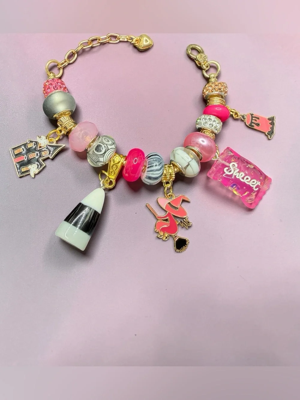 Handmade Halloween Charm Bracelet “Ghoul Friend”Line in Pink White Black
